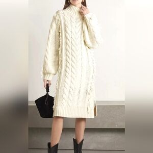 NWT XL Farm Rio Off White Fringed Cable Knit Midi Dress Long Sleeves